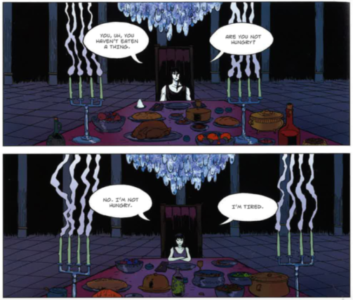 George O'Connor graphic novel frames: Persephone seated at a banquet in the Underworld