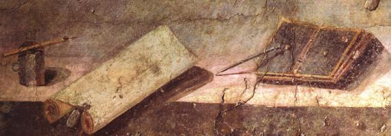 fresco of Roman writing implements