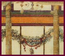 painting of fruit garland strung between 2 columns