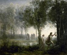 In a wooded landscape a man holding a lyre leads a woman by the hand