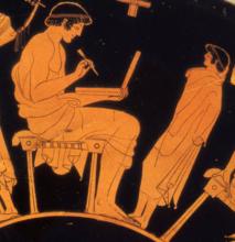 Red figure of man writing on a wax tablet against a black background. 