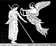 Nike presenting a laurel wreath to a victorious athlete