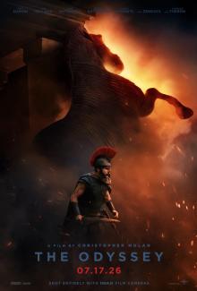 Man in armor in front of wooden horse that seems to rear up against a fiery background