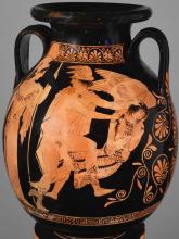 Red-figure pelike showing Perseus turning away as he reaches out to behead a sleeping Medusa; Athena stands at left.