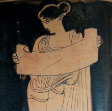 Red vase painting detail of muse with a scroll