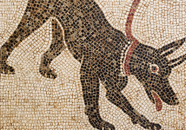 mosaic of dog on leash