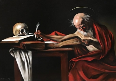 painting by Caravaggio of St. Jerome writing, with a skull on the desk