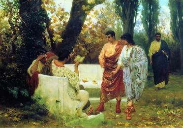 Painting of the Roman poet, Catallus reading to his friends. By artist called Baklovich, 1885