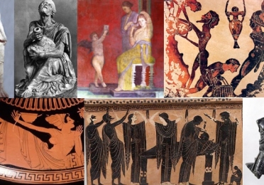 Collage of 6 images of ancient sculptures and paintings
