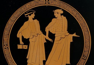 painting of 2 women on terracotta kylix