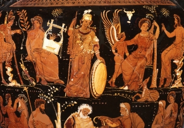 Large Greek vase painting depicting Gods and Goddesses