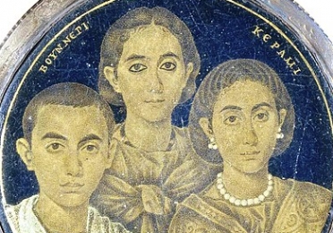 ancient painting of two women and a boy