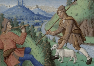 Piper and shepherd with goat on green hills by river