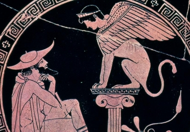 A detail from a Greek vase painting depicting Oedipus and the Sphinx