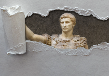 Augustus statue behind ripped paper