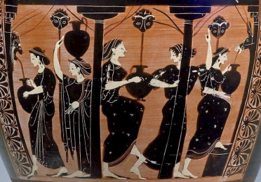 Women with wine jugs painted in red and black on vessel