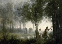 In a wooded landscape a man holding a lyre leads a woman by the hand