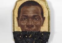 Book cover featuring a painting on gold ground with a portrait of a Black man with short hair; the bottom third of the image is covered in a black, textured material