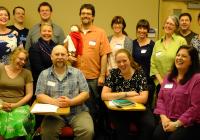 Catherine Connors (standing, third from right) with Latin teachers gathered on the UW campus, May 2016